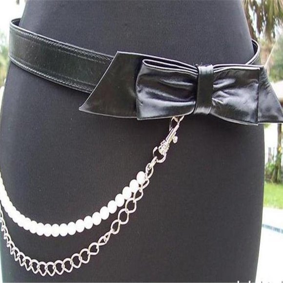 Cache Black Leather Removable Pearls Bow Belt Adjustable $98 Top NWT S/M New